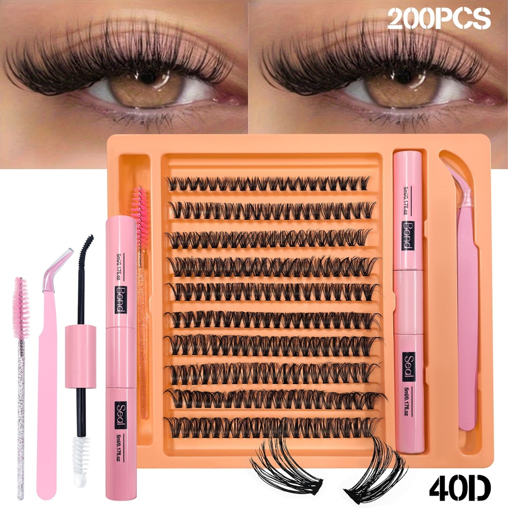 200 Clusters of 40D Single False Eyelashes Set - Includes Glue